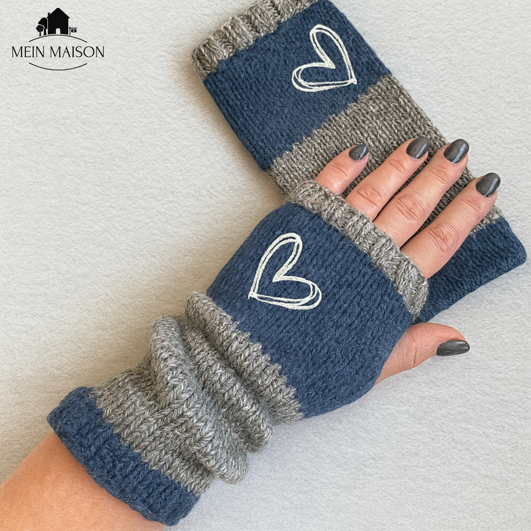 Damen-Strickhandschuhe ohne Finger, mit Herz-Applikation, als stilvolles Wintergeschenk.