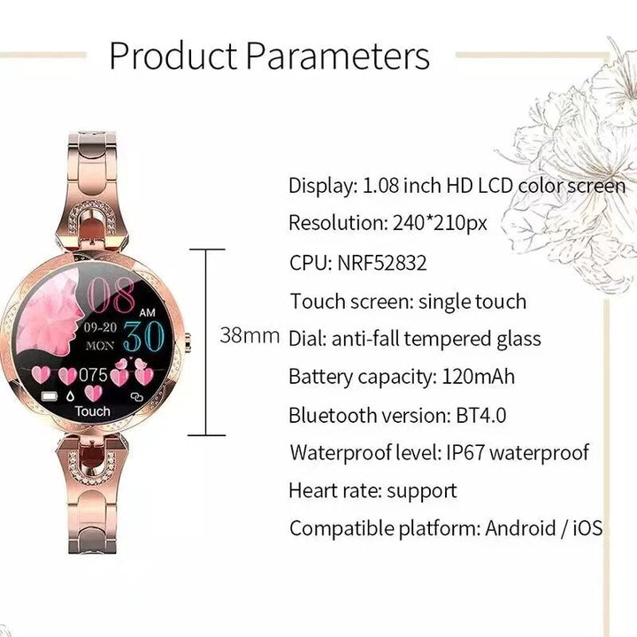 Elegante Damen Smartwatch in Gold, wasserdicht. Fitness Tracker mit Bluetooth, Herzfrequenz & Schlaf.