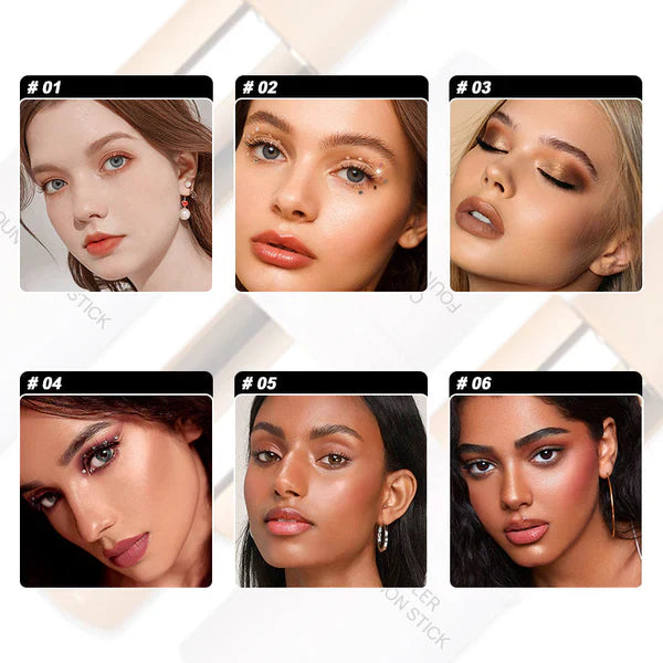 Frau trägt Foundation-Stick auf, erzielt hohe Deckkraft & ebenmäßigen Teint. Langanhaltendes Make-up.