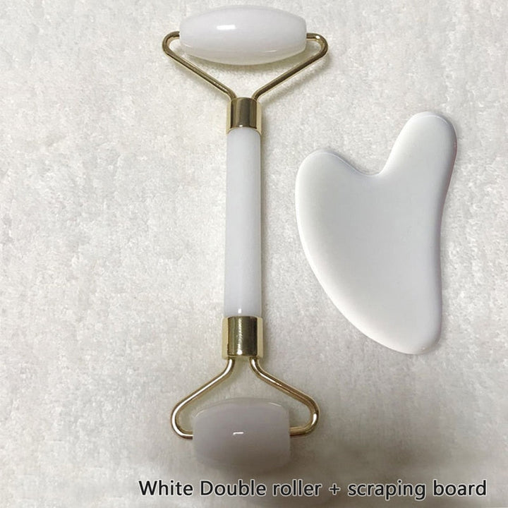 Glatter Rosenquarz Gesichtsroller & Jade Gua Sha Schaber. Luxus-Wellness Beauty Tools.