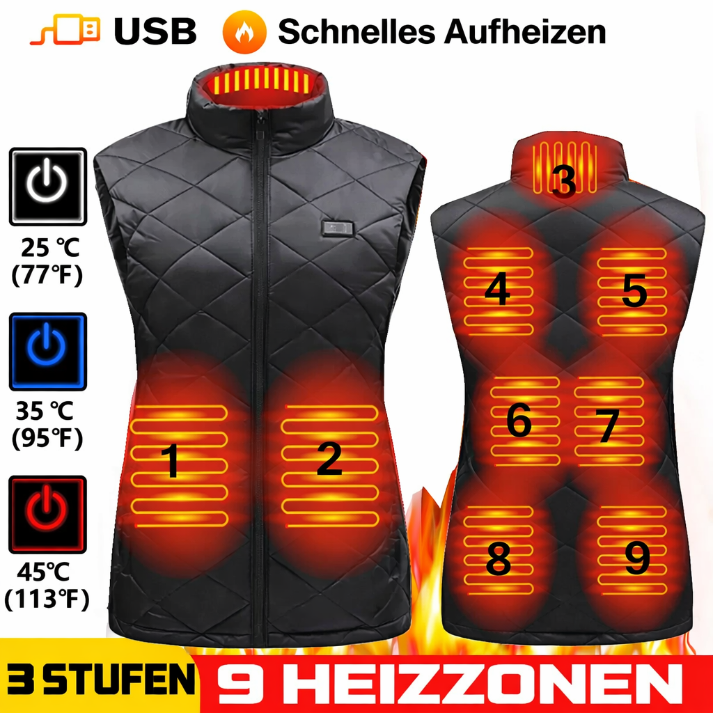 Schwarze beheizte Damenweste für Outdoor-Aktivitäten; bietet Kälteschutz & angenehme Infrarot-Wärme.