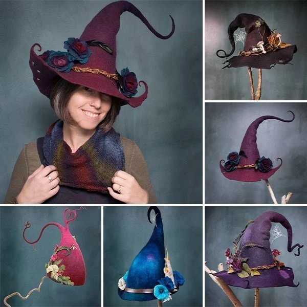 Damen Hexenhut aus Filz, handgefertigt aus Merinofilz, magisches Halloween Kostüm Accessoire.