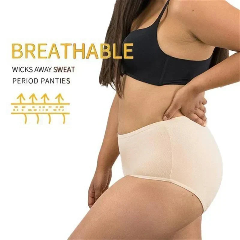 Weiße Baumwoll-Unterhose, hochtailliert und auslaufsicher, ideal für Menstruation und Inkontinenz.
