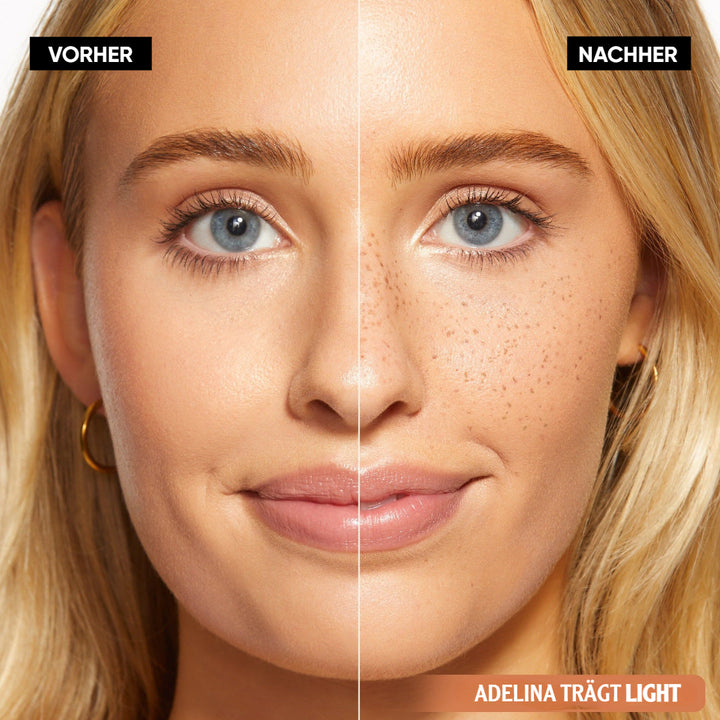 Anwendung des Sommersprossen Stempels, um dem Gesicht einen natürlichen, sanften Freckles-Look zu verleihen.