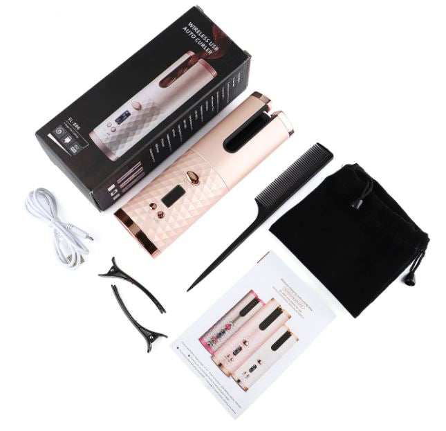 Kabelloser, tragbarer Lockenstab für Damen. Automatisches Hairstyling für schöne Locken und Frisuren.