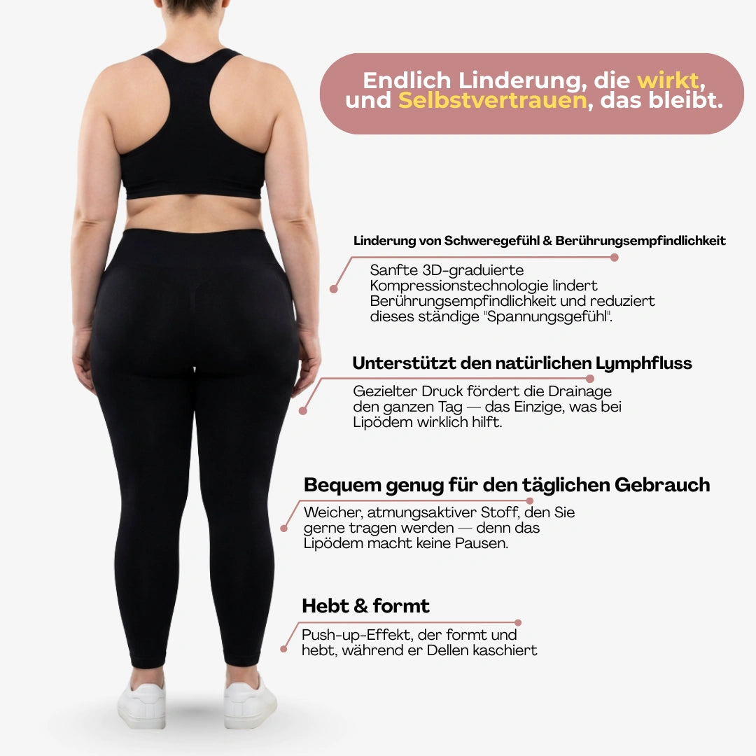Stretchige Kompressionsleggings für Damen, hoher Bund, bietet Lipödem-Komfort und Halt.