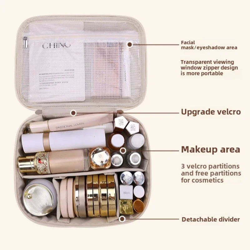 Geräumige Damen Kosmetiktasche aus wasserabweisendem PU-Leder mit Fächern für Make-up-Organisation.