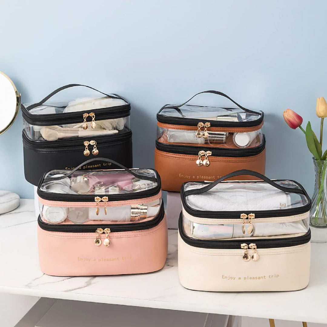 Damen Kosmetiktasche, doppellagig & wasserdicht, aus PU-Leder für Make-up Aufbewahrung auf Reisen.