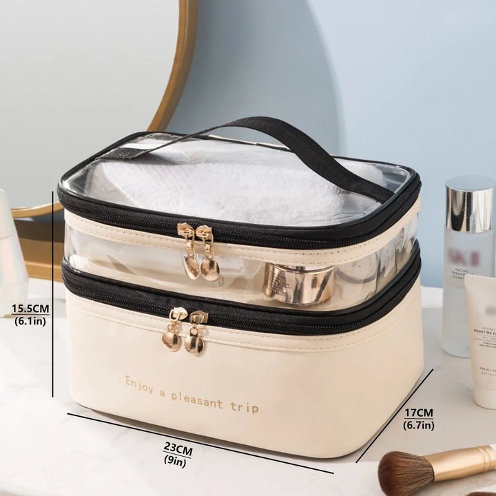 Praktischer doppellagiger Make-up Organizer, wasserdicht & robust, ideal für die Reise oder zuhause.
