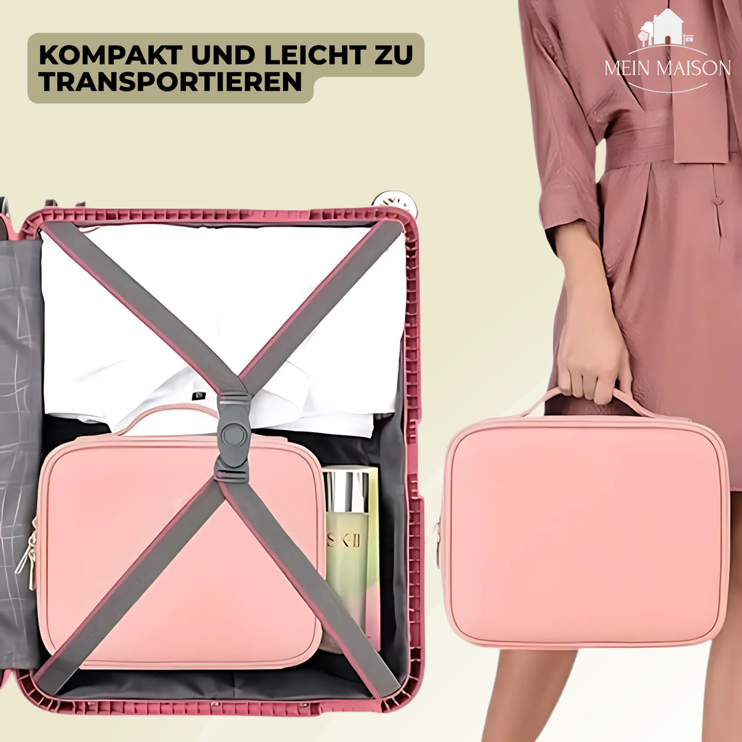 Stilvolle GlamiZen Kosmetiktasche aus rosa PU-Leder, Detailansicht der hochwertigen Oberfläche.