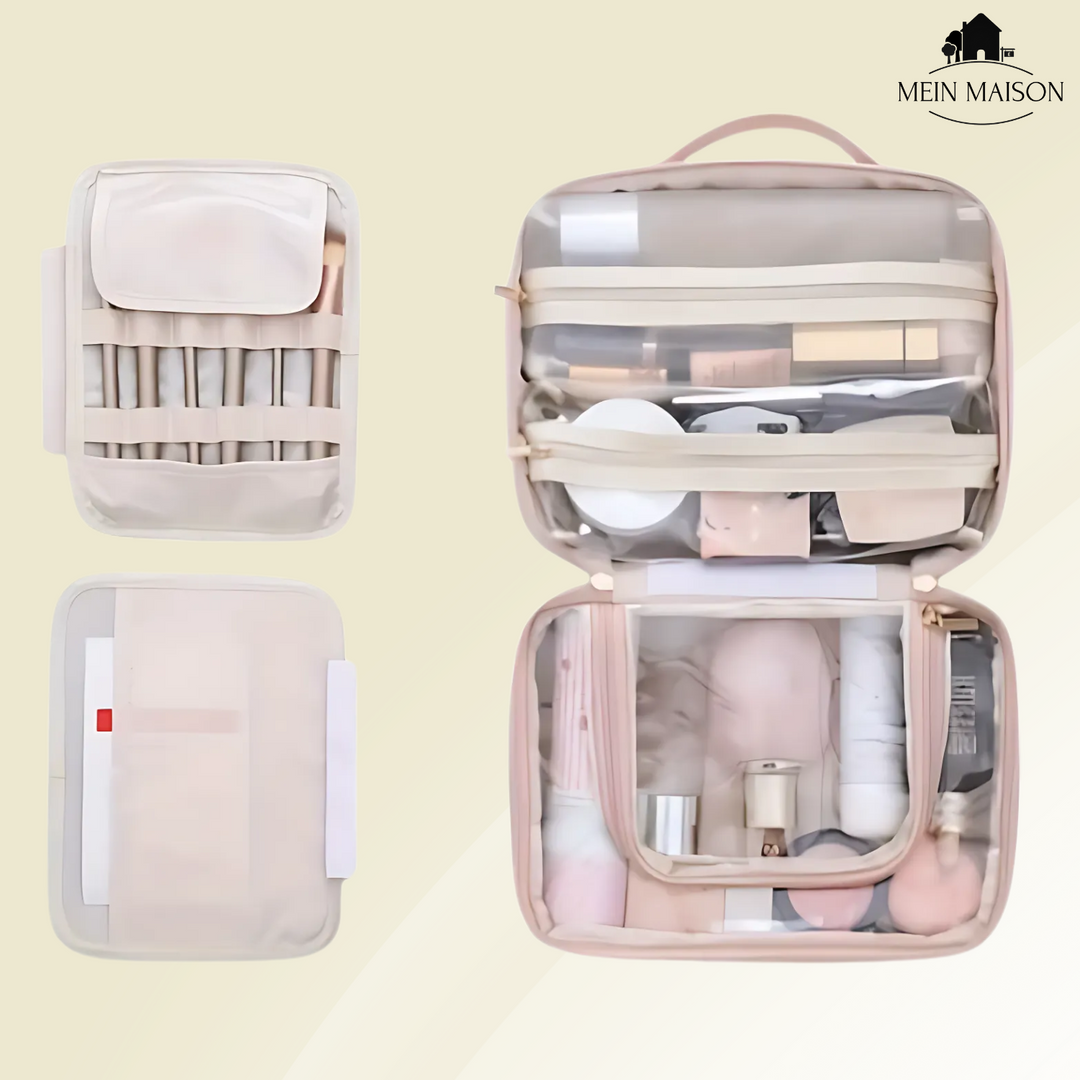 Geöffnete Make-up-Tasche GlamiZen zeigt geräumige Fächer für Kosmetik. Ordnung leicht gemacht.