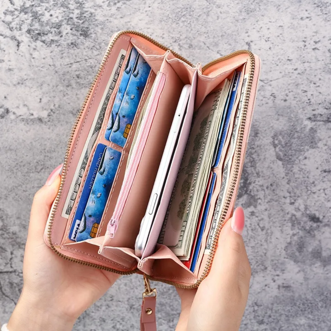 Rosa Damen Langbörse, geometrisch, mit Quaste. Trendiges Portemonnaie als ideales Geschenk für Frauen.