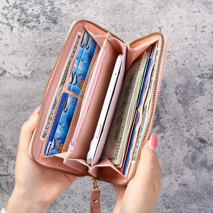 Rosa Damen Langbörse, geometrisch, mit Quaste. Trendiges Portemonnaie als ideales Geschenk für Frauen.