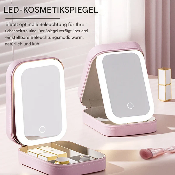 Geschlossene Reise Make-up Box für Damen, ein kompaktes Kosmetiketui mit integriertem LED Schminkspiegel.