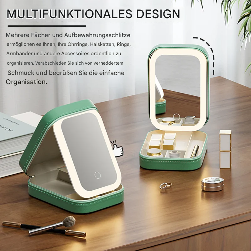 Kosmetikaufbewahrung mit cleverem Make-up Organizer für Damen, inklusive LED Schminkspiegel und Fächer.