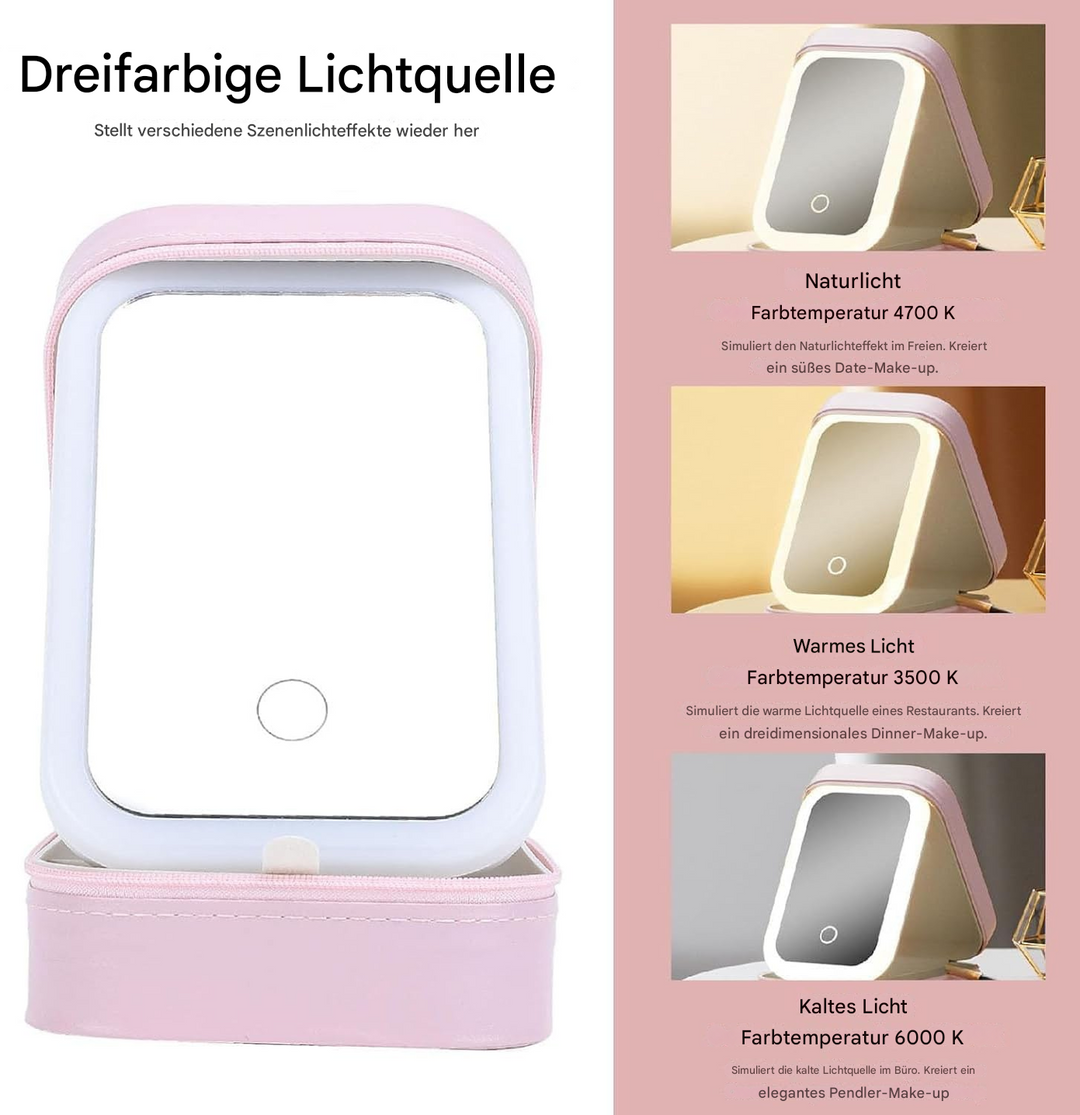 Frau benutzt tragbaren LED Kosmetikspiegel mit Licht und Organizer, ideal für Make-up unterwegs.