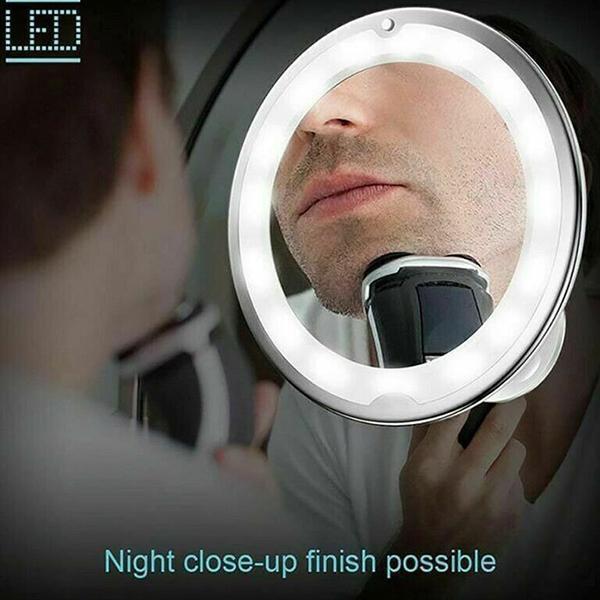 Damen Schminkspiegel mit heller LED-Beleuchtung und 10x Vergrößerung am Schwanenhals für Gesichtspflege.
