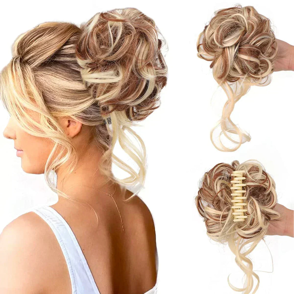 Elegantes lockiges Dutt-Haarteil mit Klammer, perfekt für schnelle Damen-Hochsteckfrisuren.