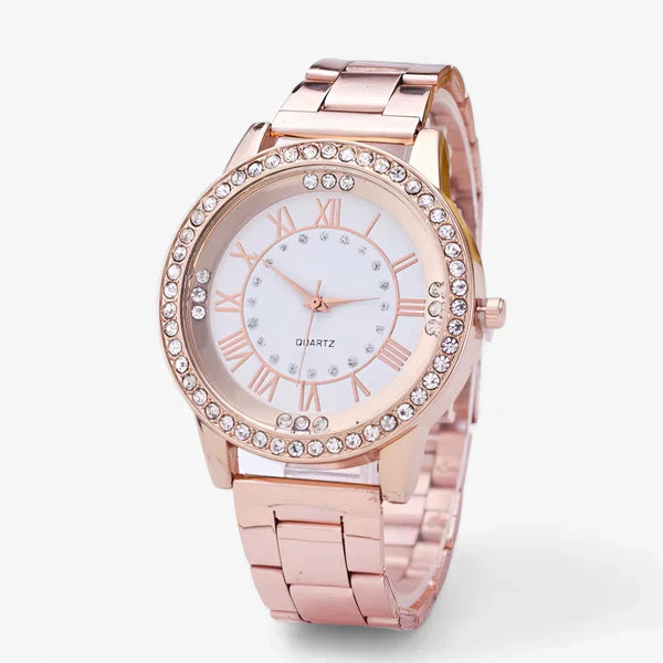 Funkelnde Damen Armbanduhr Isolde mit Diamanten Zifferblatt, verfügbar in Roségold oder Silber. Edles Design.