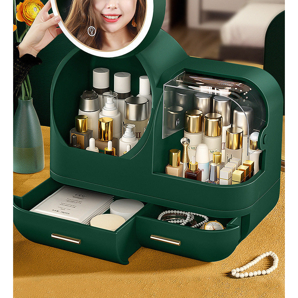 Praktischer Kosmetik-Organizer für Damen, mit hellem LED-Spiegel, ideal zur Make-up-Aufbewahrung.