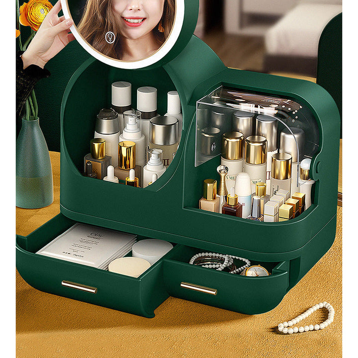 Praktischer Kosmetik-Organizer für Damen, mit hellem LED-Spiegel, ideal zur Make-up-Aufbewahrung.