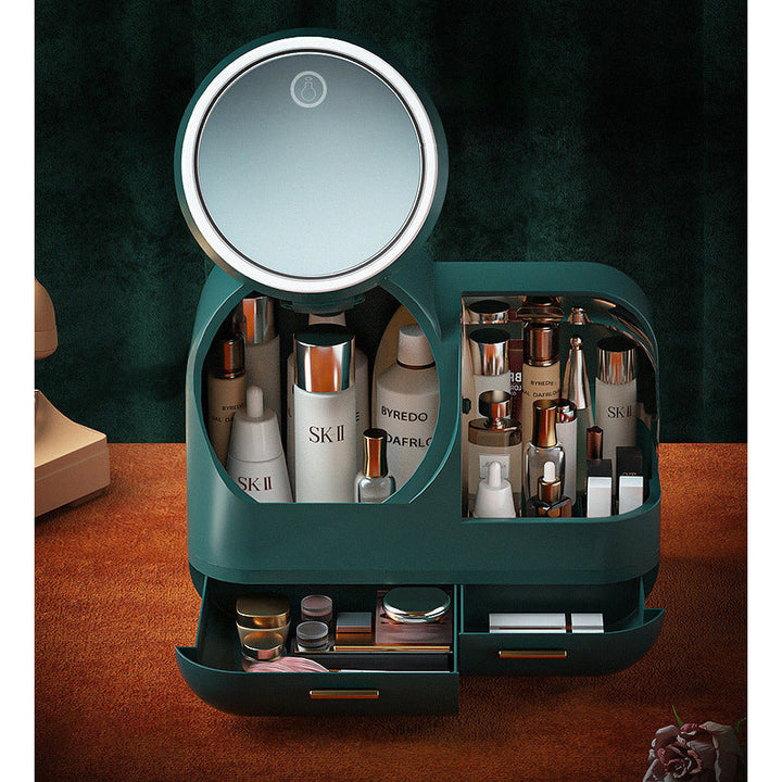 Moderner Beauty-Organizer für Damen, mit beleuchtetem LED-Spiegel zur optimalen Make-up-Anwendung im Bad.