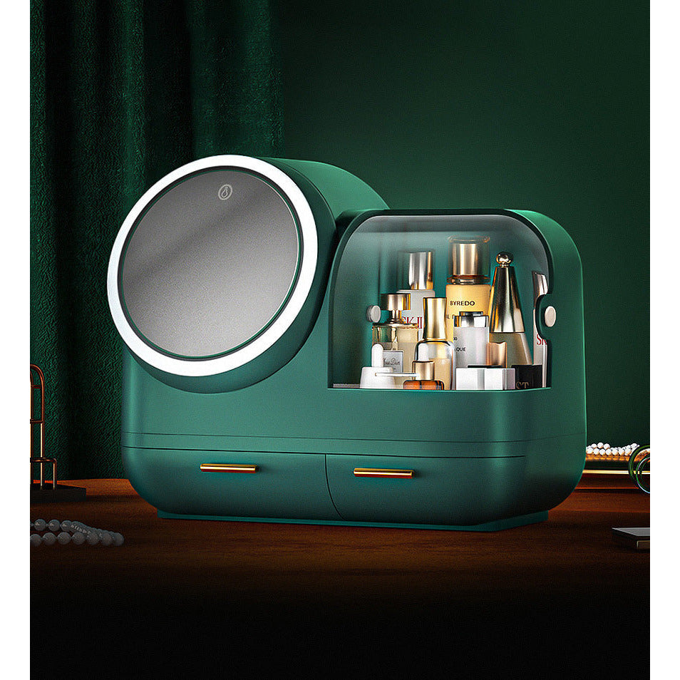 Reisefreundlicher Kosmetik-Organizer mit LED-Spiegel für Damen, ordentliche Make-up-Aufbewahrung.