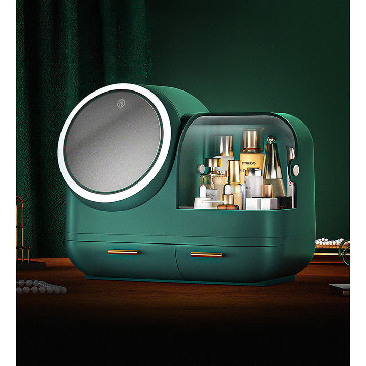 Reisefreundlicher Kosmetik-Organizer mit LED-Spiegel für Damen, ordentliche Make-up-Aufbewahrung.