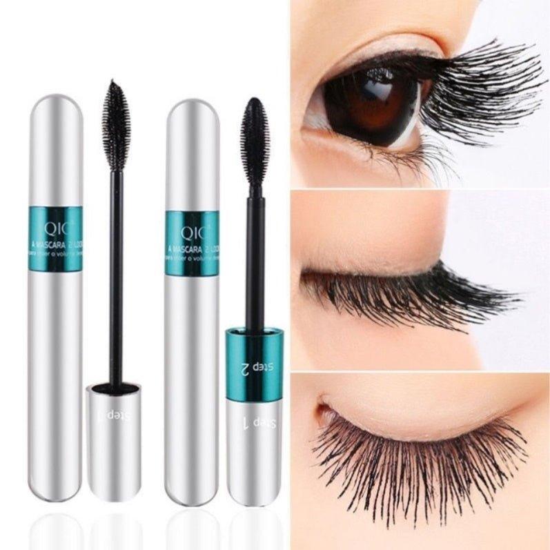 Augen einer Frau mit langer, voluminöser, wasserfester Mascara. Schöne, geschwungene Wimpern ohne Klumpen.