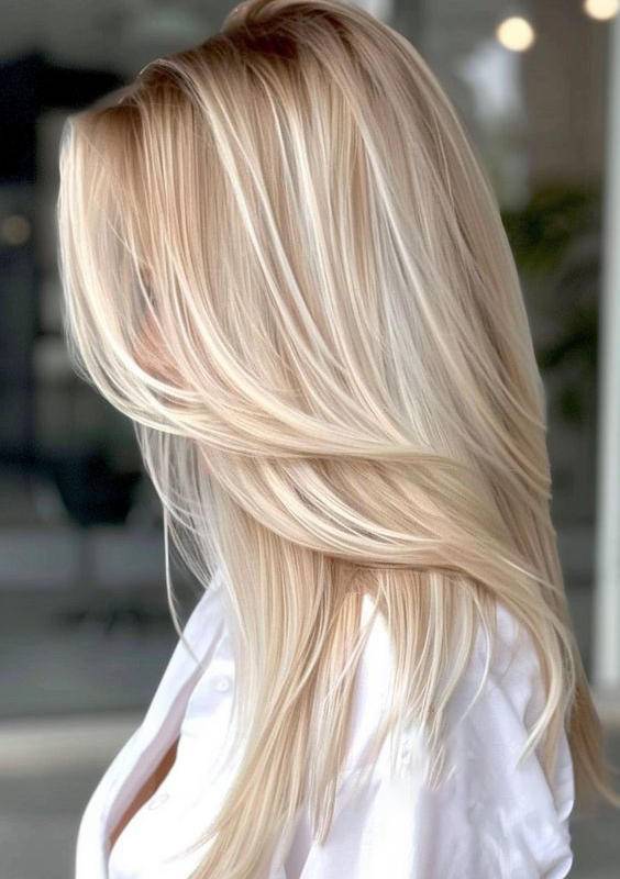 Natürliche blonde Damenperücke. Lang, gewellt & gestuft. Ideal für Perückenstyling.
