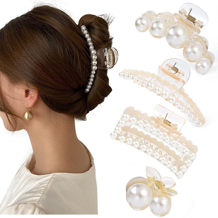 Elegantes Set aus 4 Perlen-Haarklammern für Damen, ideal für festliche Haaraccessoires.