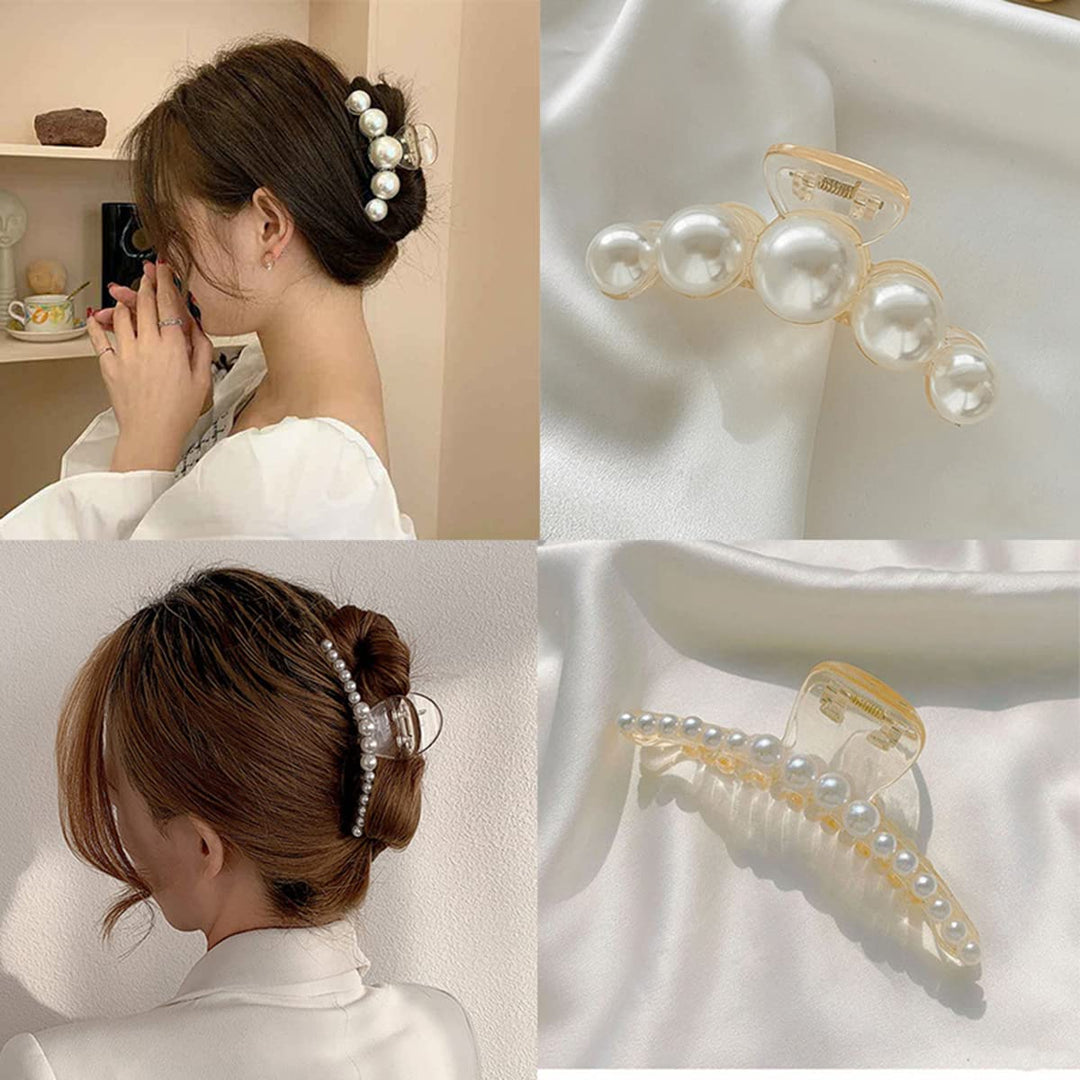 Model trägt eine der 4 Perlen-Haarklammern, stilvoller Haarschmuck für Damen.