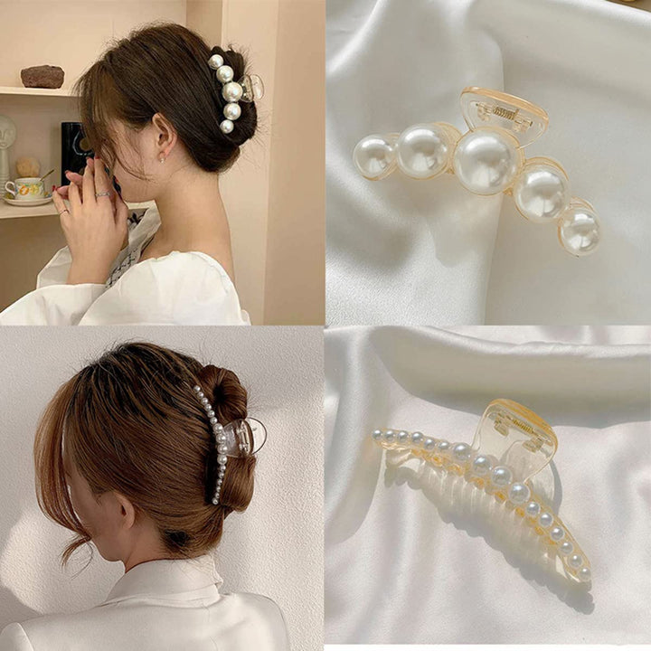 Model trägt eine der 4 Perlen-Haarklammern, stilvoller Haarschmuck für Damen.