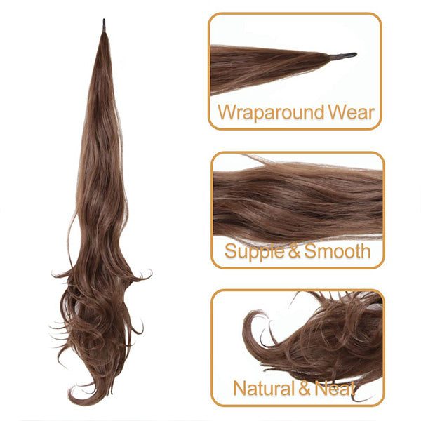 Schwarzes Haarteil für Pferdeschwanz; glamouröses Volumen-Styling; schnelle Anwendung.