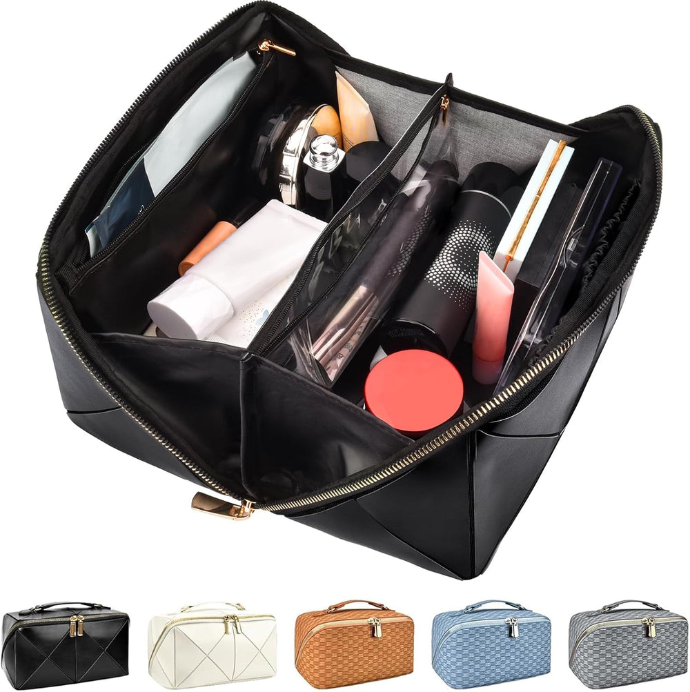 Stilvolle Reise-Make-up-Tasche für Damen, aus pflegeleichtem PU-Leder, hält Kosmetik organisiert.