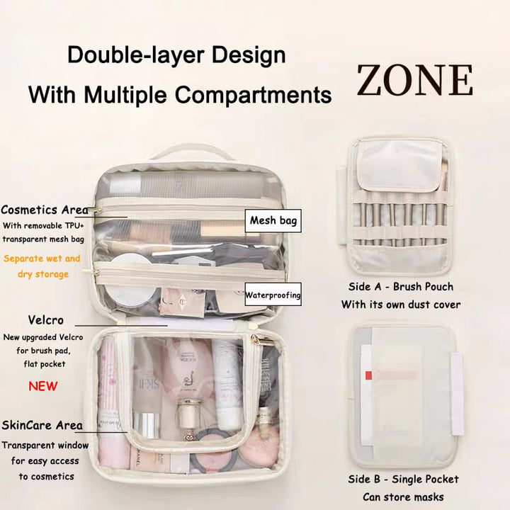 Multifunktionale Damen Kulturtasche mit Reißverschluss und vielen Fächern; ideal für Kosmetik und Hygieneartikel.