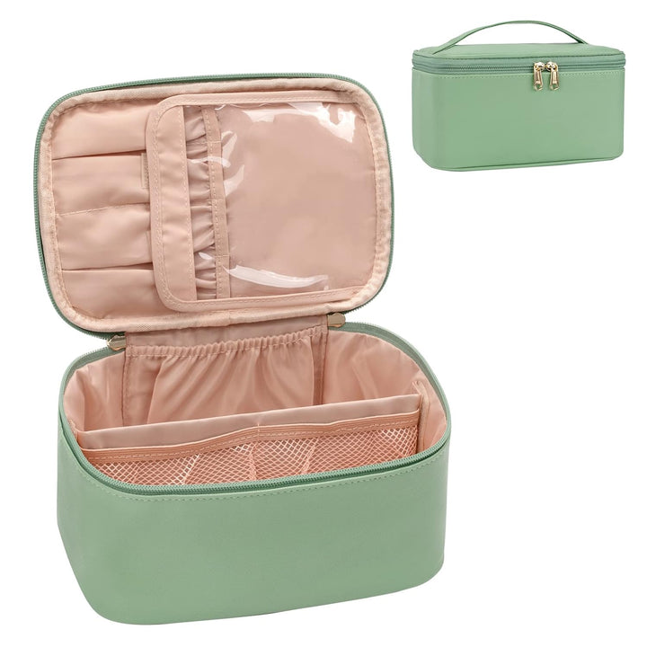 Beiger Kosmetik-Kulturbeutel für Damen, praktische Organisation auf Reisen.