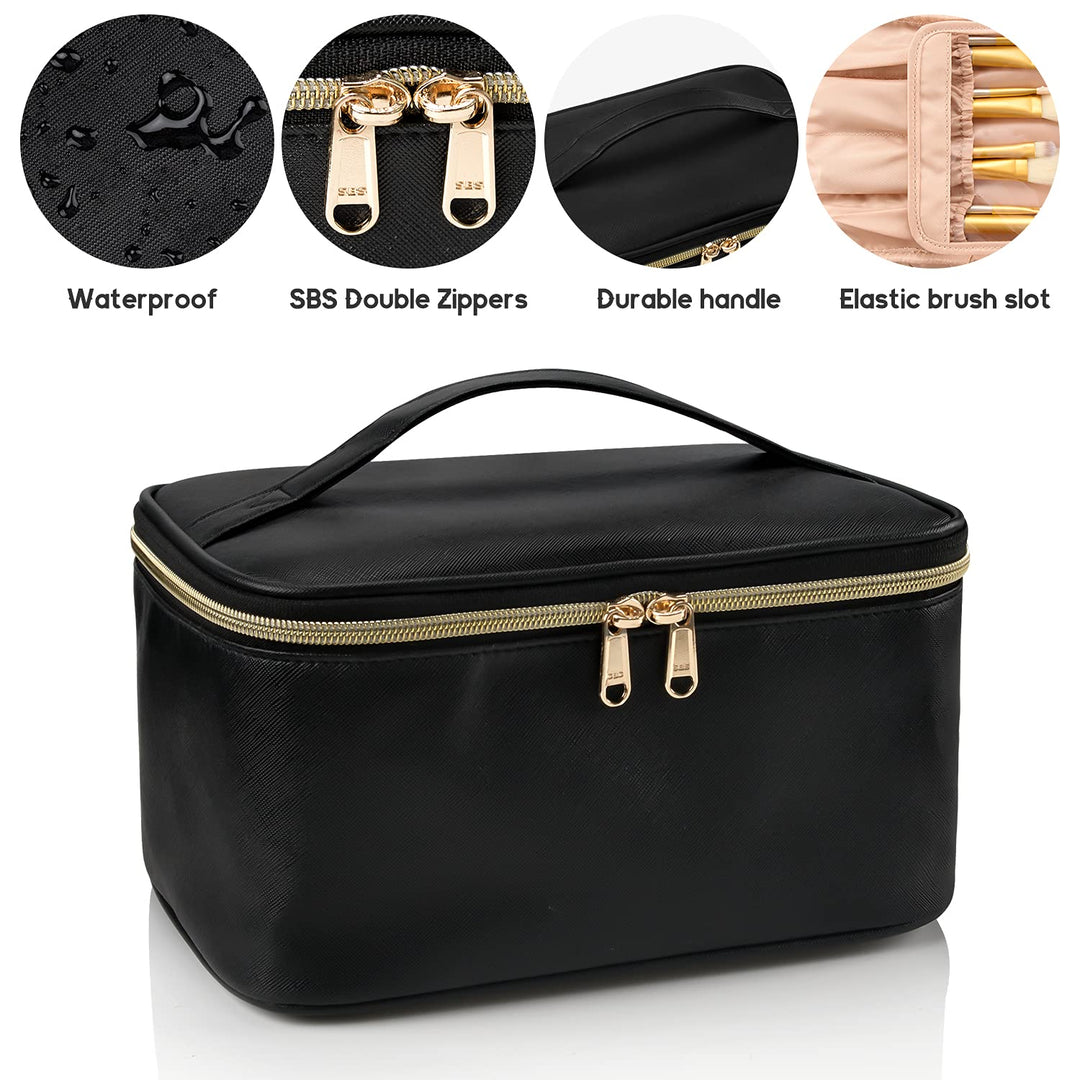 Beiger Make-up Reise-Organizer, robust und stylish für Damen, mit verstellbaren Fächern.