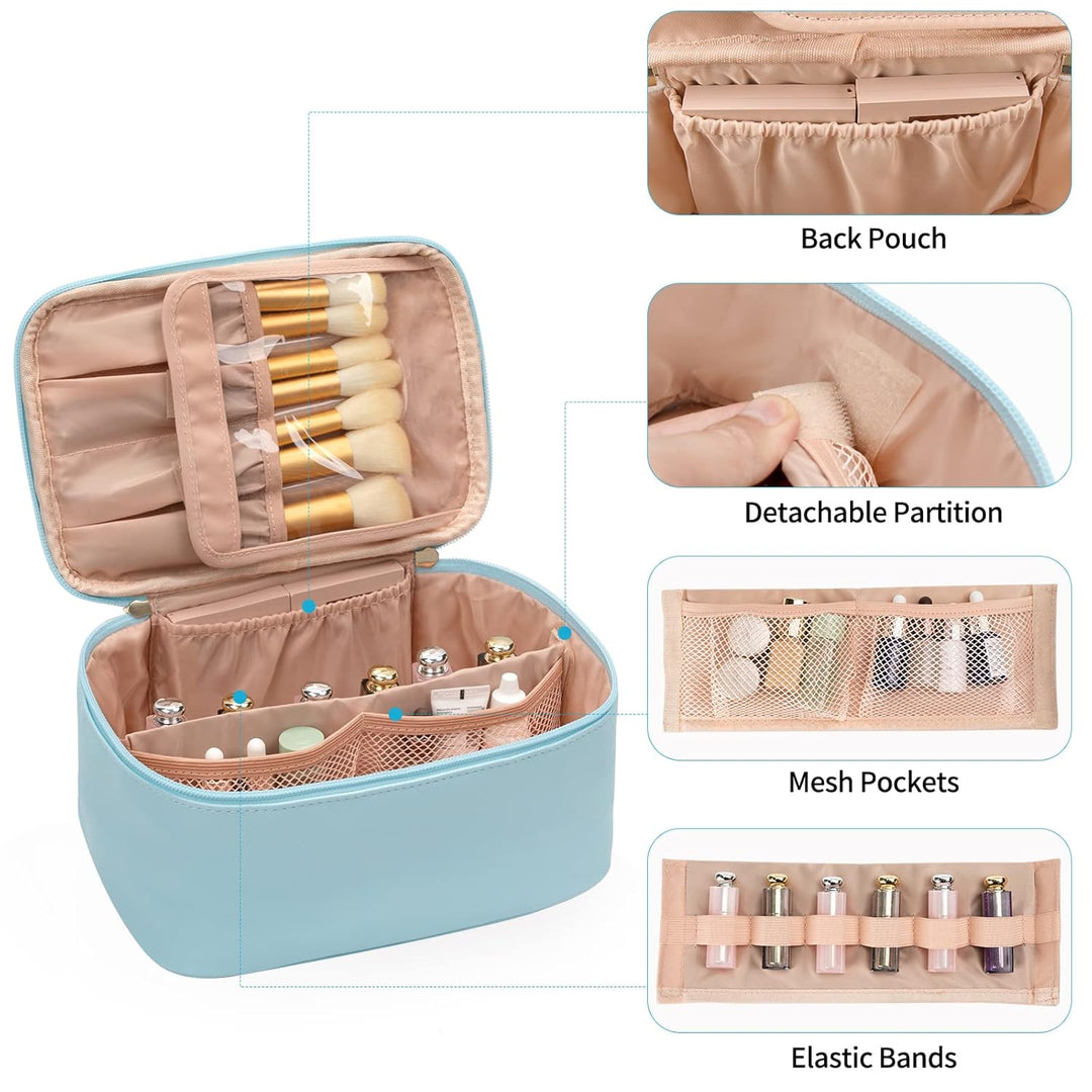 Tragbare Kosmetiktasche mit einstellbaren Trennwänden, ideal für Reise-Make-up, blau.