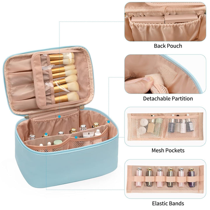 Tragbare Kosmetiktasche mit einstellbaren Trennwänden, ideal für Reise-Make-up, blau.