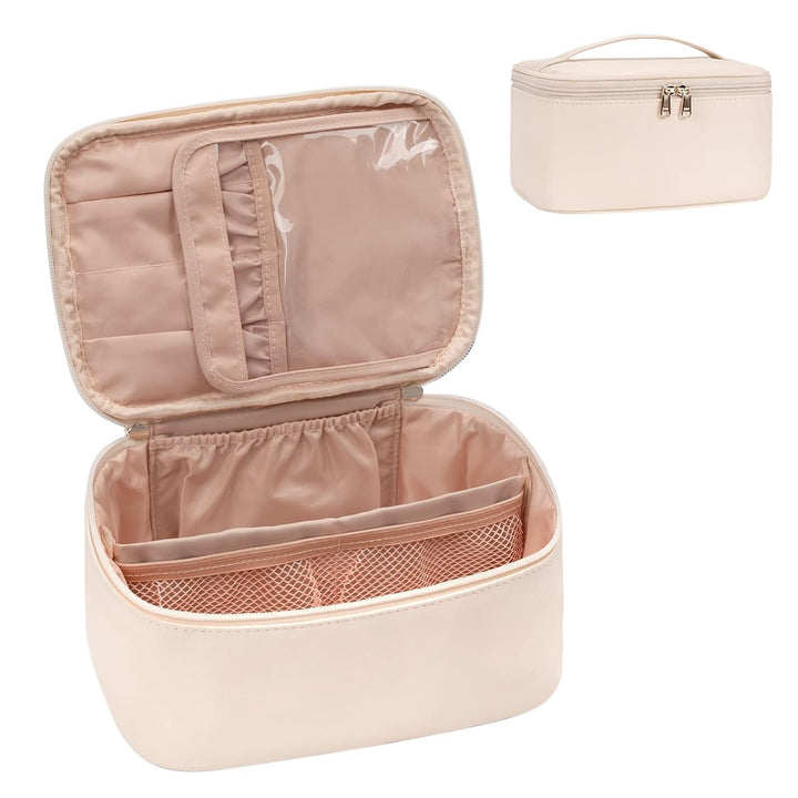 Reise-Kosmetik-Organizer, schwarze Tasche mit verstellbaren Innenfächern für Beauty-Produkte.