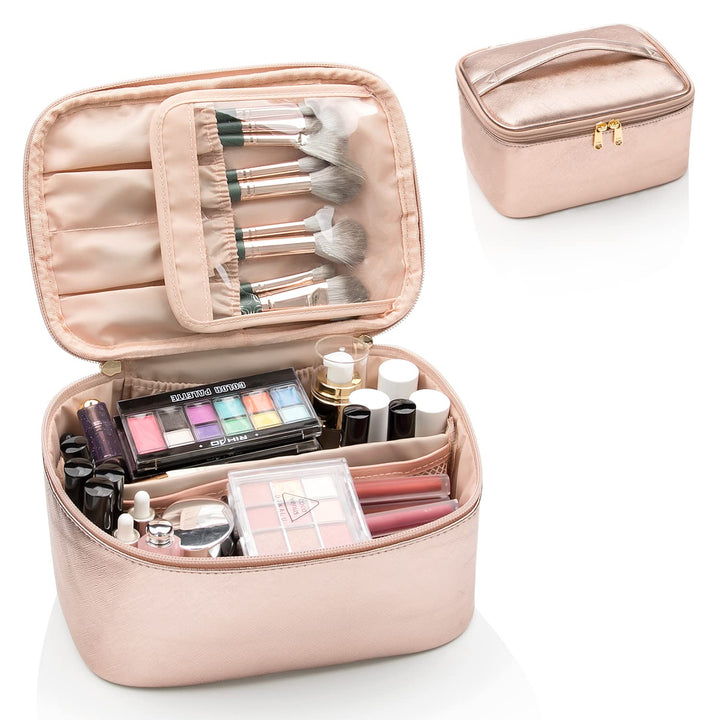 Eleganter Reise-Kulturbeutel für Frauen, beige, zur Organisation von Beauty-Artikeln.