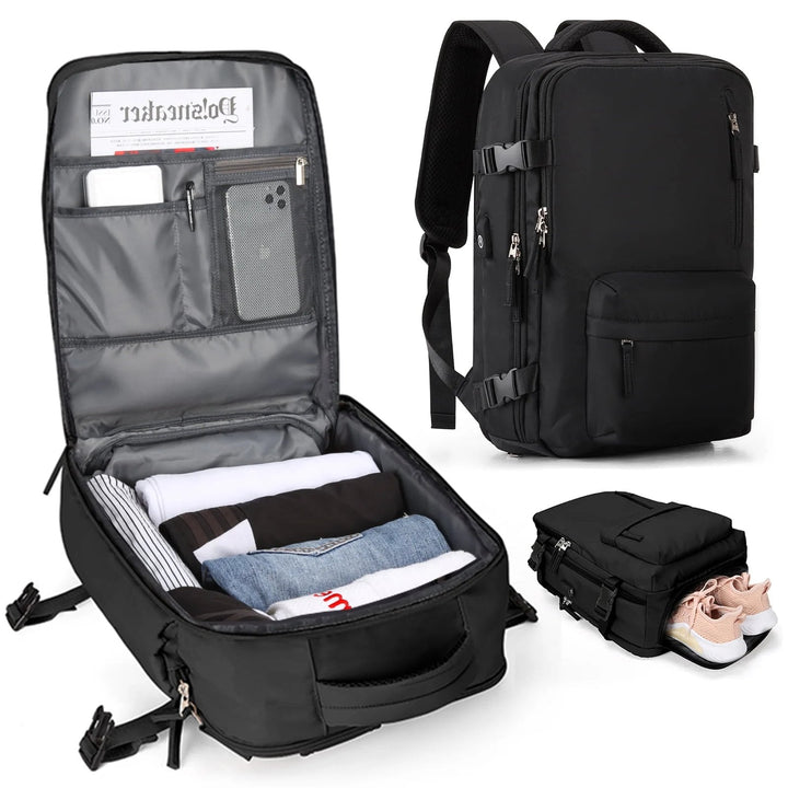 Eleganter Damen Reisebegleiter 35L: schlichtes Design, funktional mit USB & Diebstahlschutz.