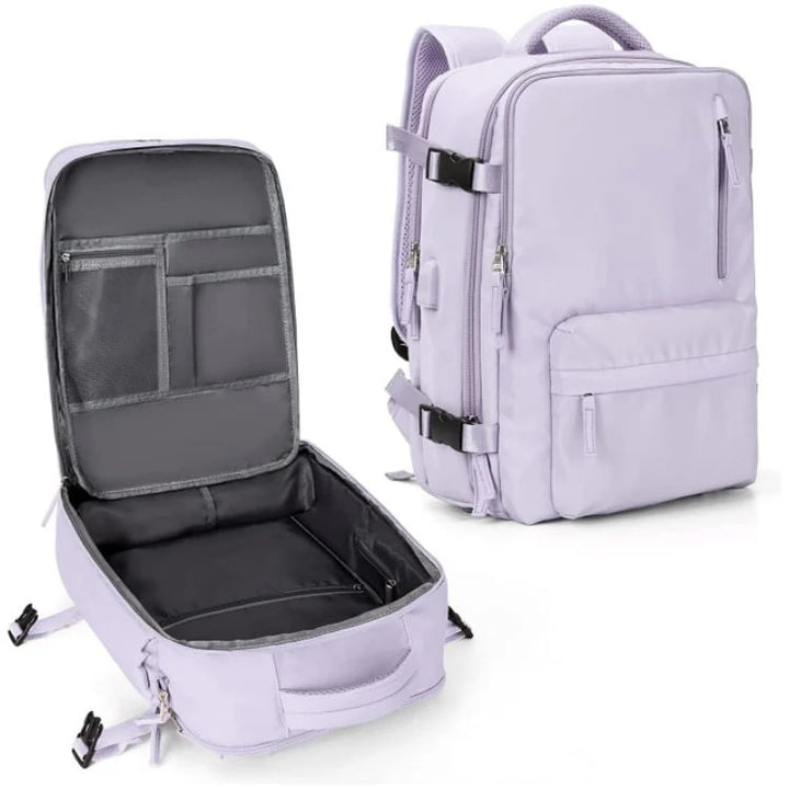 Moderner Damen Reise-Rucksack 35L, wasserdicht, mit USB & cleverem Diebstahlschutz, ideal für Business & Freizeit.