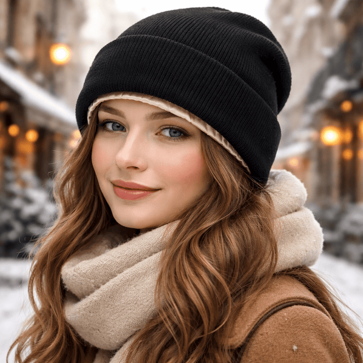 Damen Satinmütze in Rippstrick für Haarschutz & Anti-Frizz. Komfortable Winter Beanie in Schwarz.