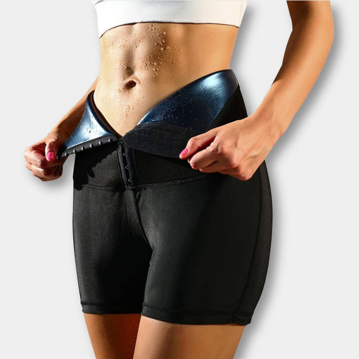 Damen Sauna-Schweißhose mit Taillentrainer, figurformend für effektives Fitness Training & Abnehmen.