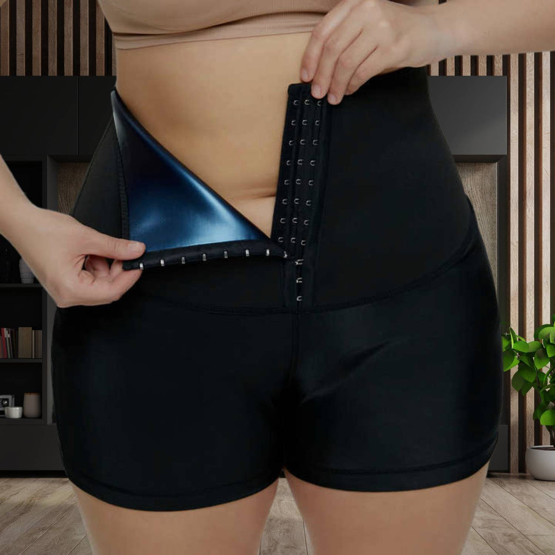 Seitliche Ansicht der Damen Fitness Saunahose mit Taillentrainer, optimiert für Workout & Figurformung.