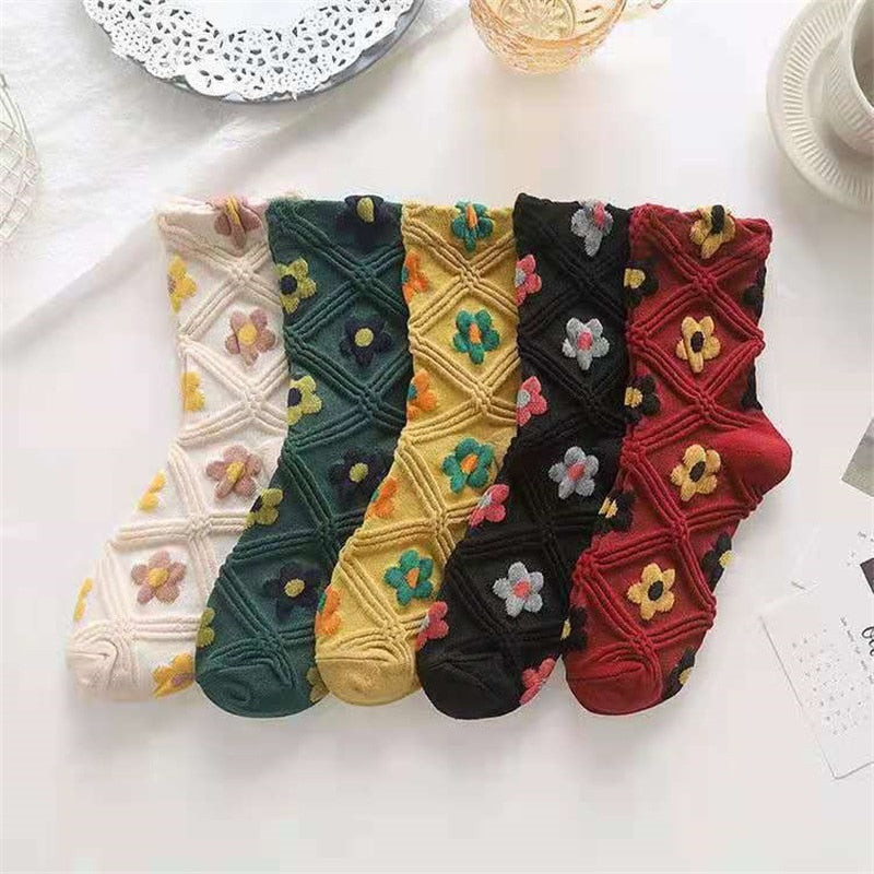 Ganzjahressocken für Damen, Vintage-Look, mit schöner Blumenstickerei, 5er Pack.