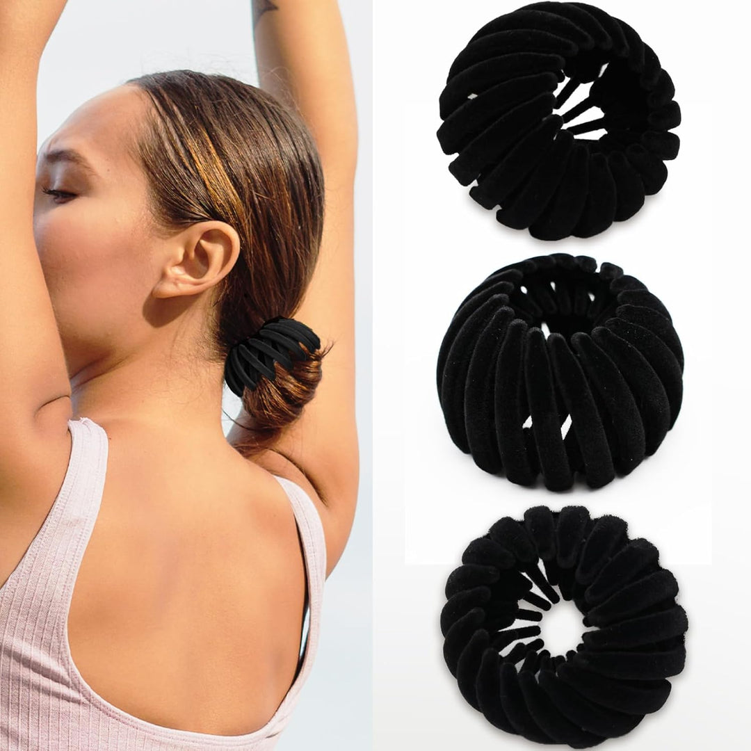 Nahaufnahme eines Vogelnest-Haarclips im Haar einer Frau, der eine elegante Hochsteckfrisur hält.