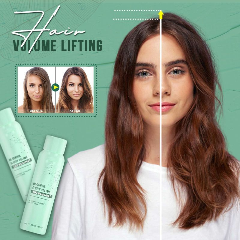 Frau sprüht Volumenspray ins Haar für sofortige Fülle. Einfaches Haarstyling für mehr Volumen.